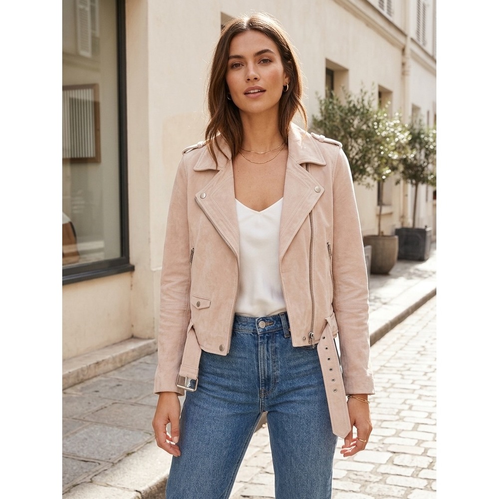 BLANKNYC Morning After Suede Moto Jacket Blush Pink Leather Biker M
